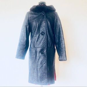 Vintage 60s Black Vinyl Coat Fur Collar S M